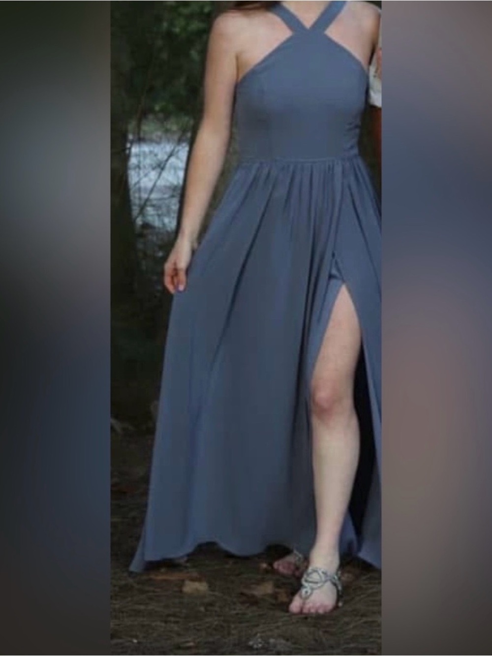 Womenβs Cross-Strap High-Slit Maxi Dress in Slate/ Dusty Blue